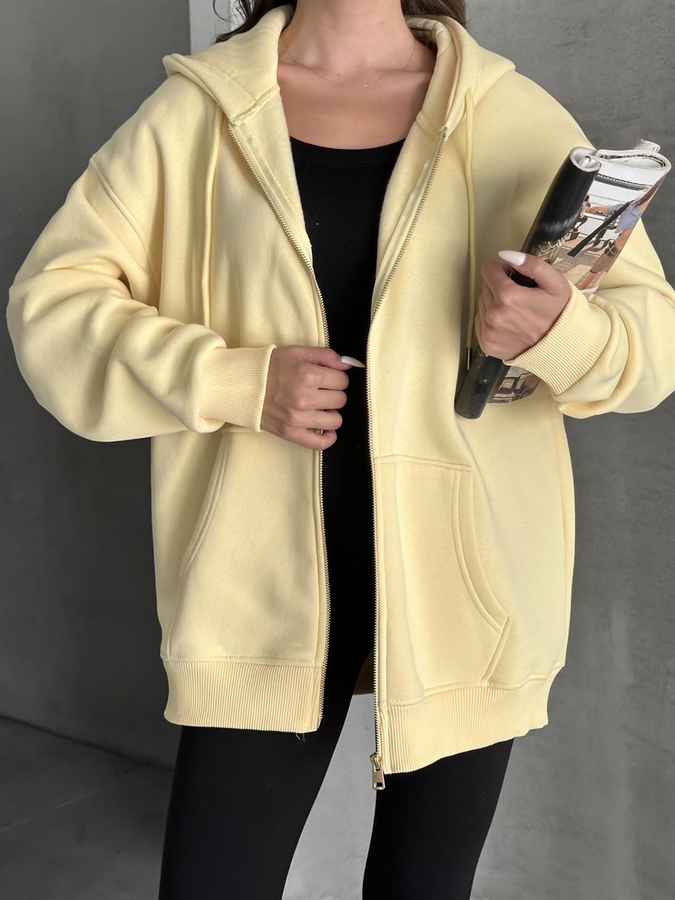 Fermuarlı Kapüşonlu Oversize Sarı Hırka