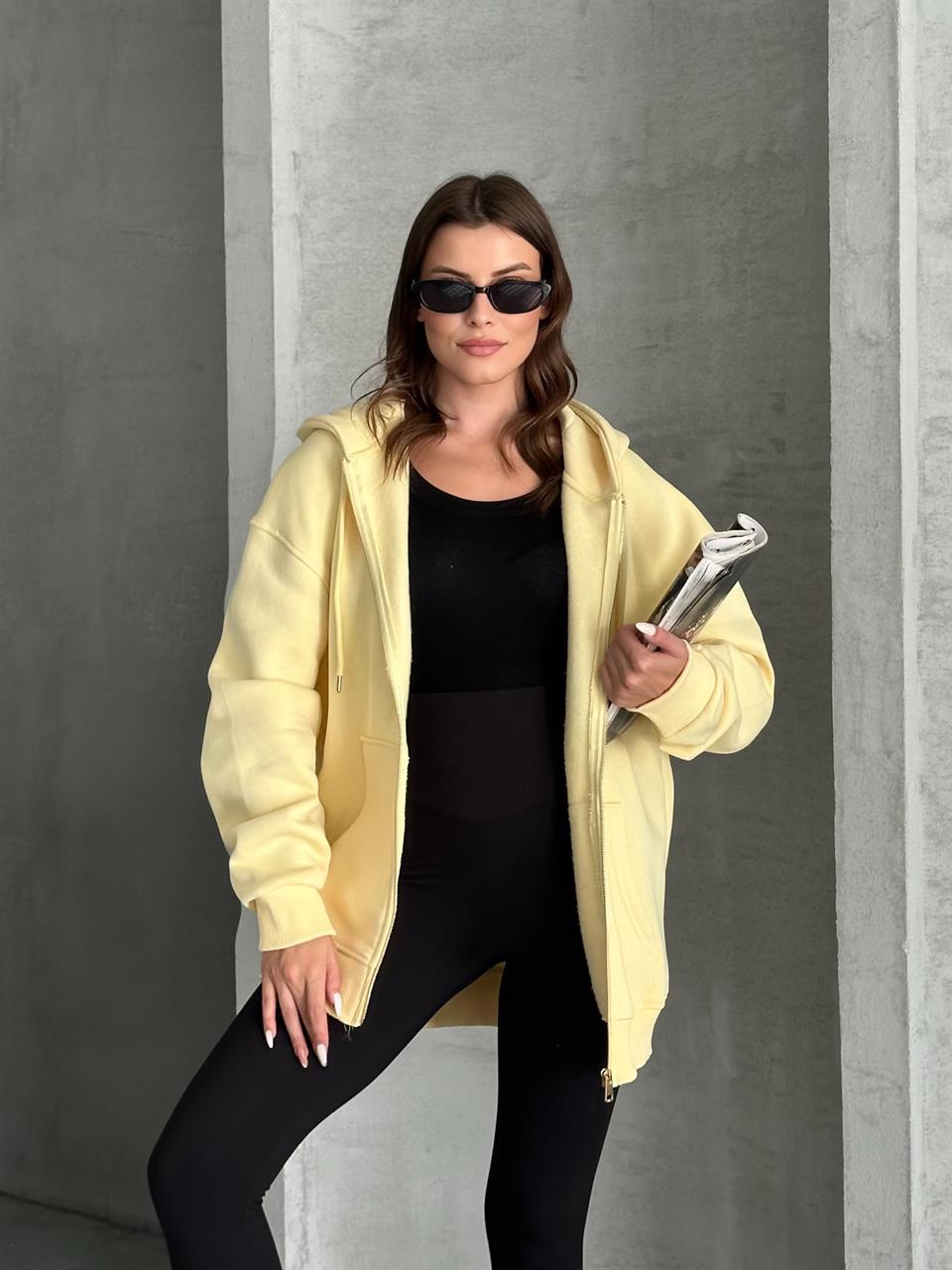 Fermuarlı Kapüşonlu Oversize Sarı Hırka