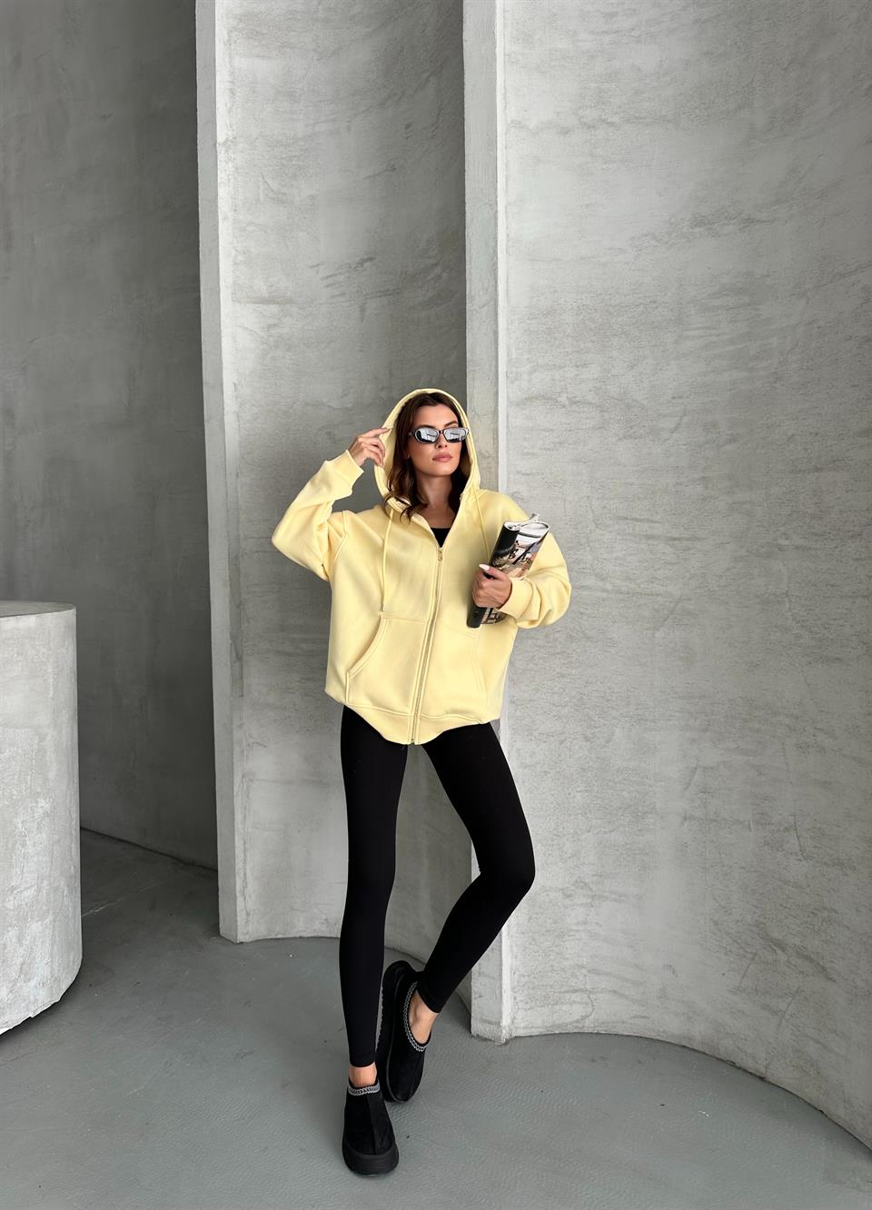 Fermuarlı Kapüşonlu Oversize Sarı Hırka