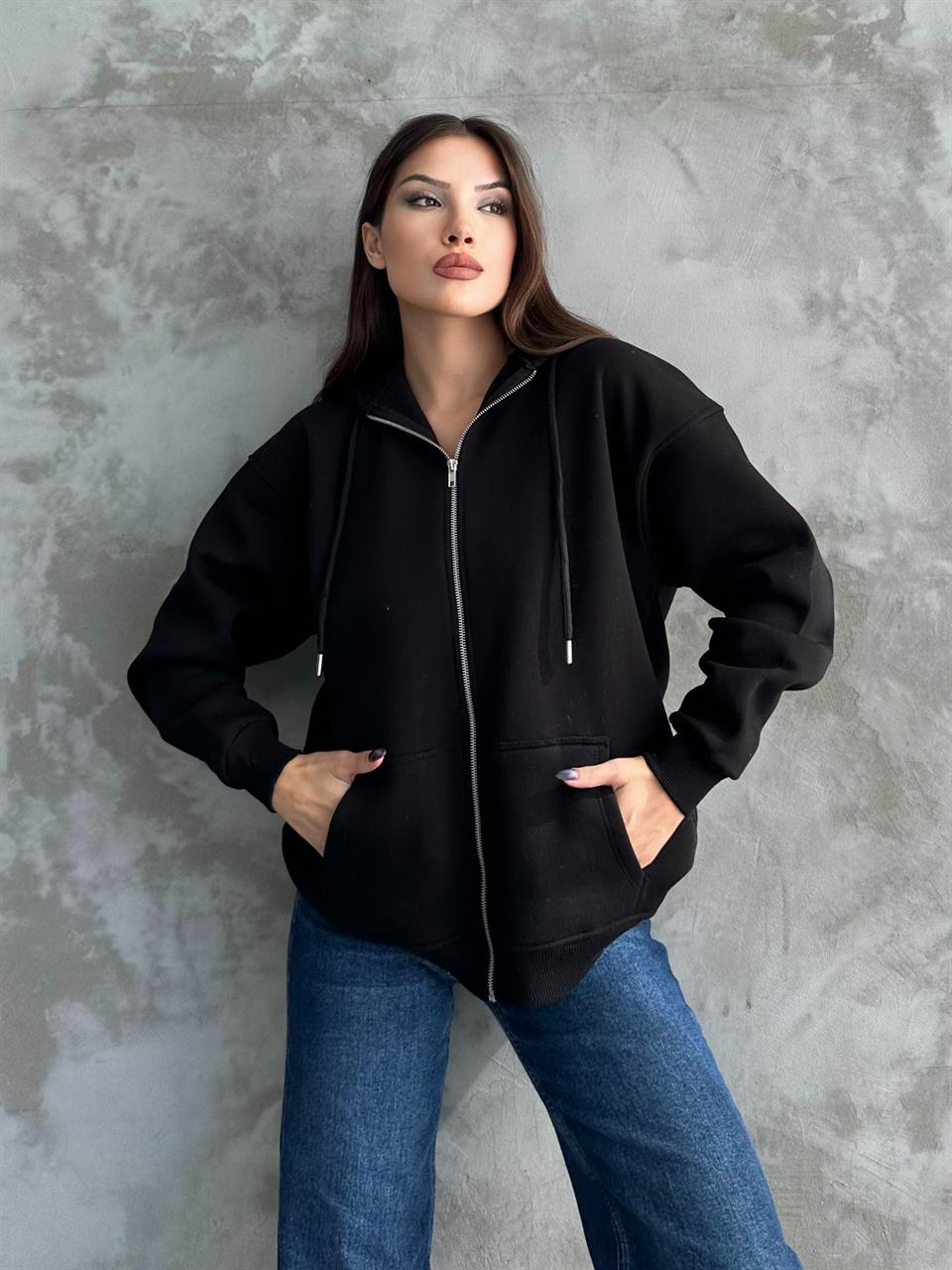 Fermuarlı Kapüşonlu Oversize Siyah Hırka