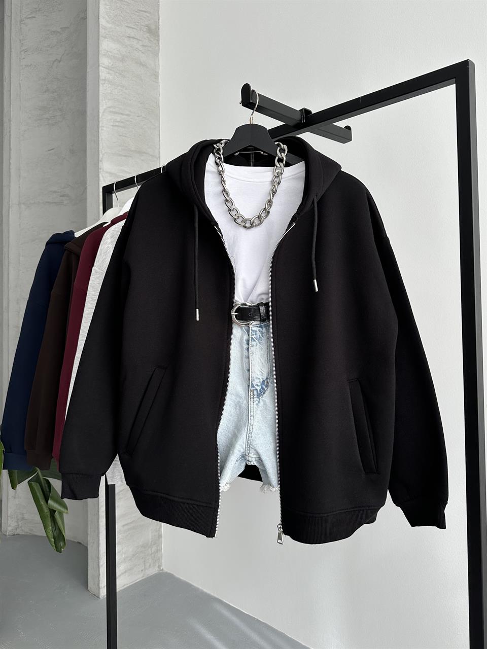 Fermuarlı Kapüşonlu Oversize Siyah Hırka