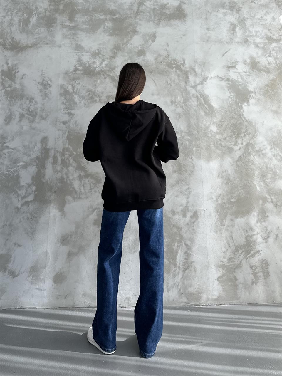 Fermuarlı Kapüşonlu Oversize Siyah Hırka