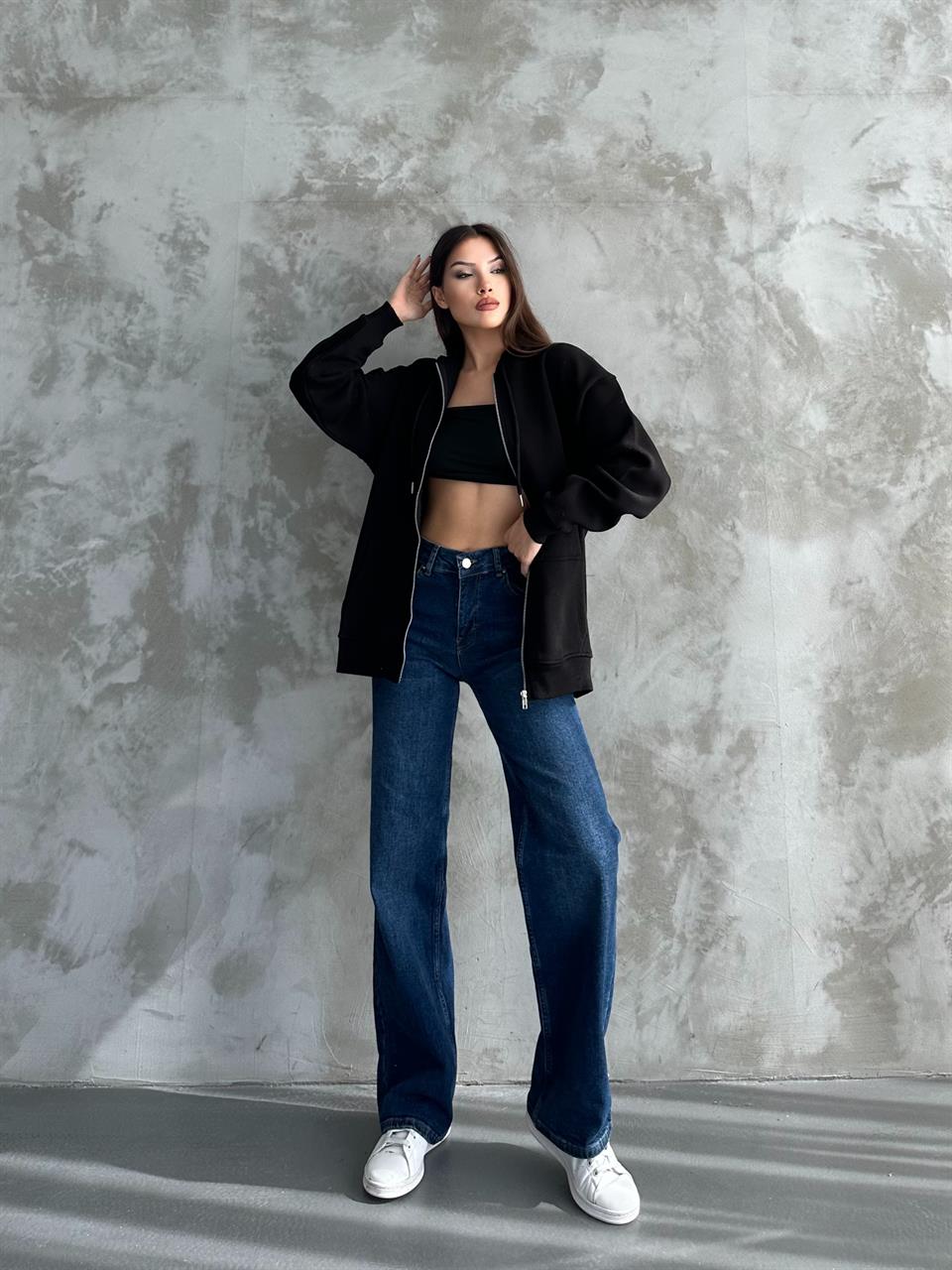 Fermuarlı Kapüşonlu Oversize Siyah Hırka