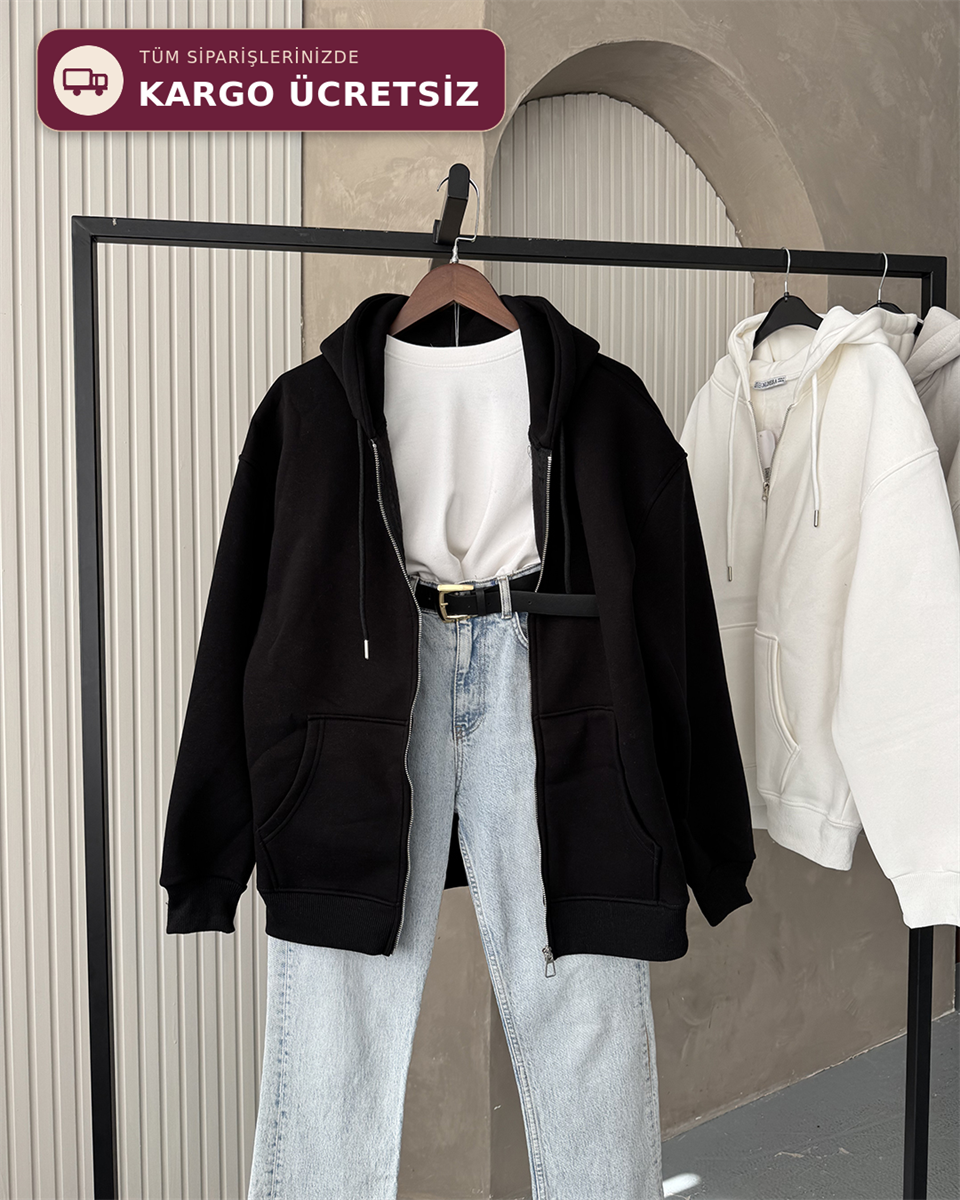 Fermuarlı Kapüşonlu Oversize Siyah Hırka