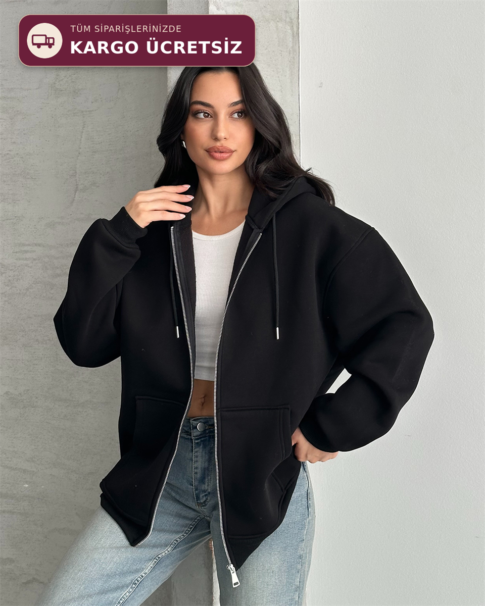Fermuarlı Kapüşonlu Oversize Siyah Hırka