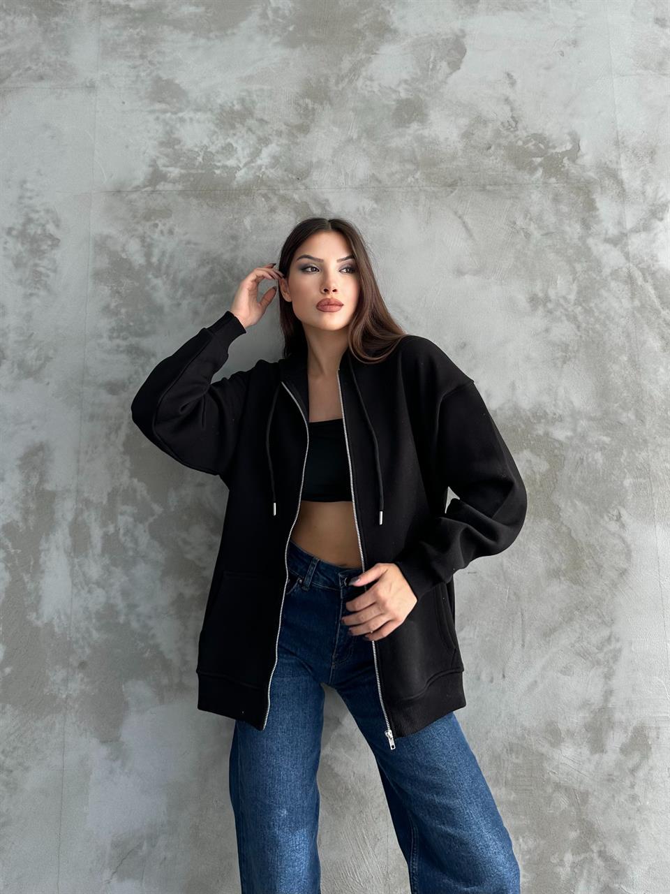 Fermuarlı Kapüşonlu Oversize Siyah Hırka