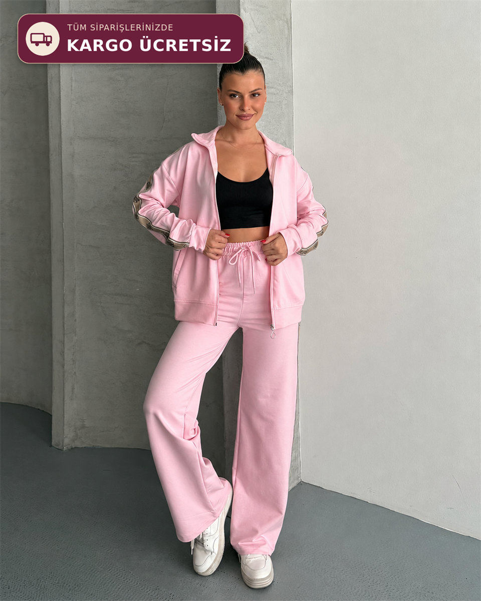 Fermuarlı Şerit Detaylı Pembe Eşofman Takımı