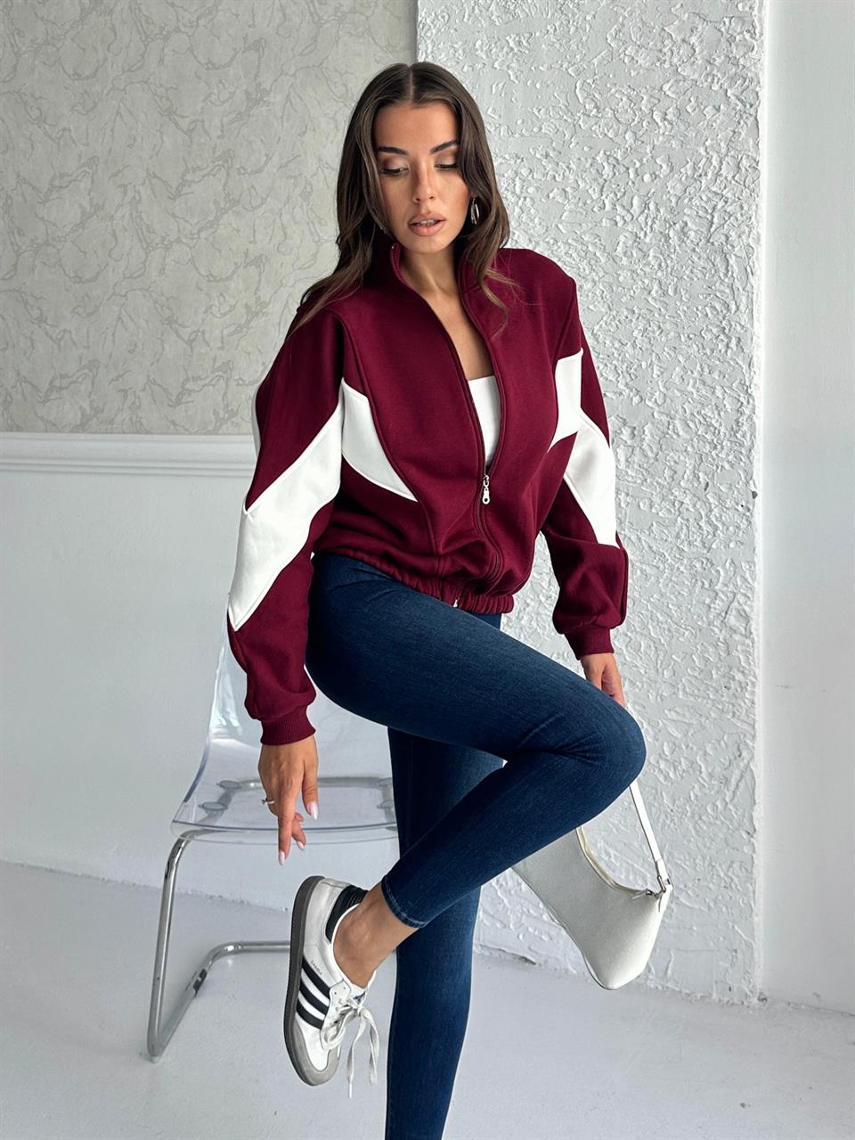 Fermuarlı Sportif Bordo Sweatshirt