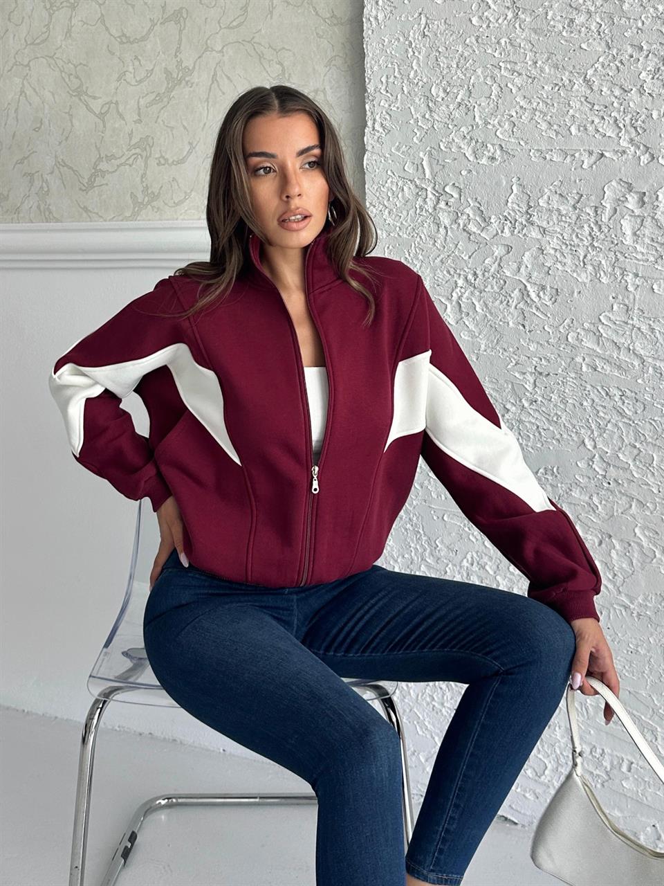 Fermuarlı Sportif Bordo Sweatshirt