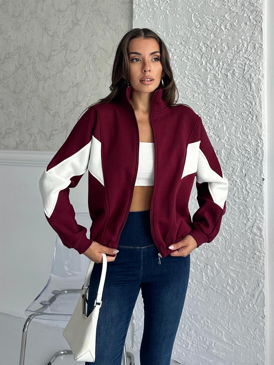 Fermuarlı Sportif Bordo Sweatshirt