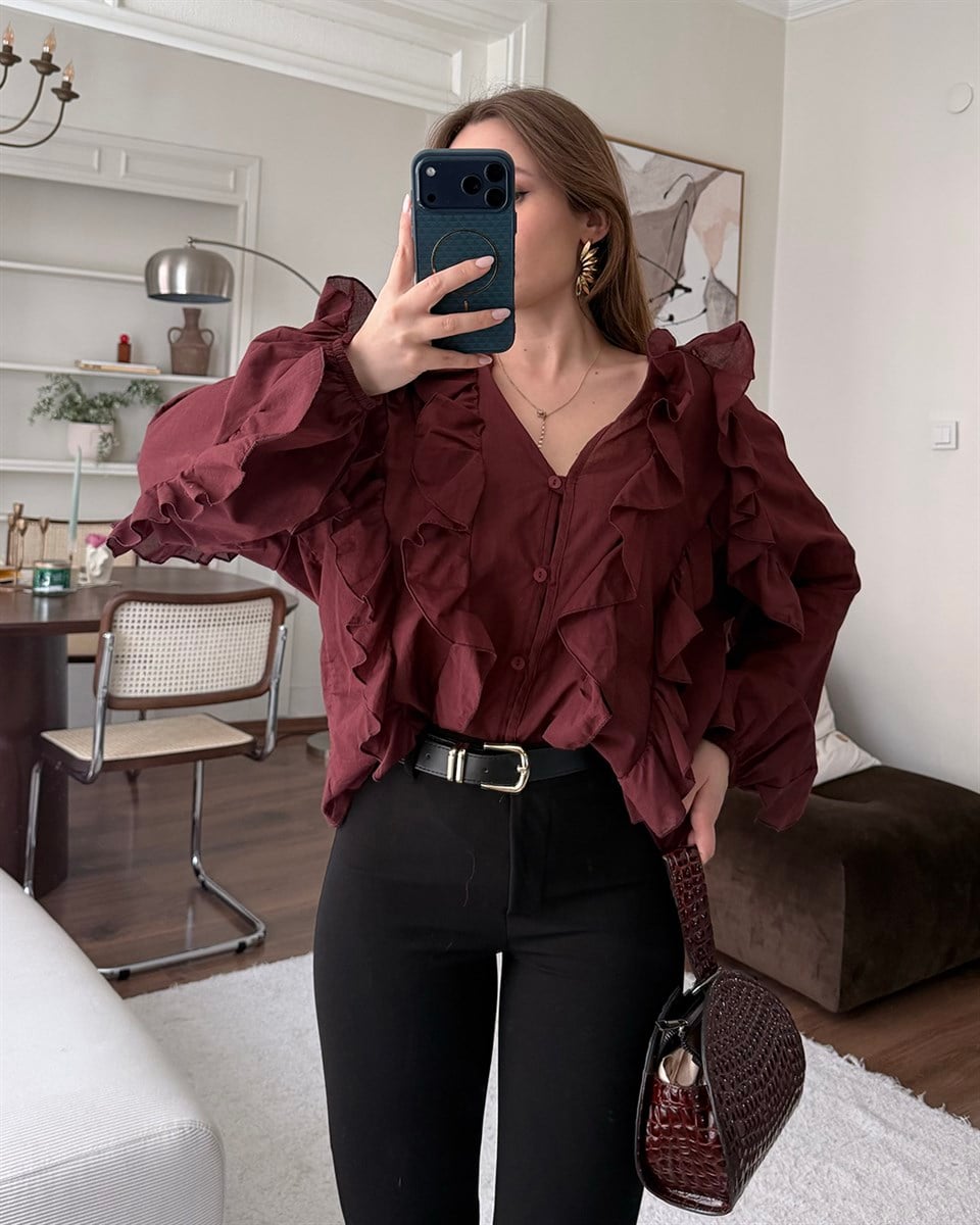 Fırfır Detaylı Bordo Gömlek