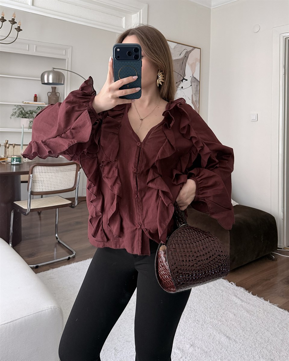 Fırfır Detaylı Bordo Gömlek