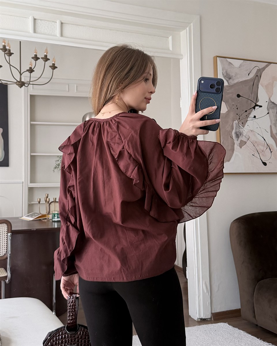 Fırfır Detaylı Bordo Gömlek