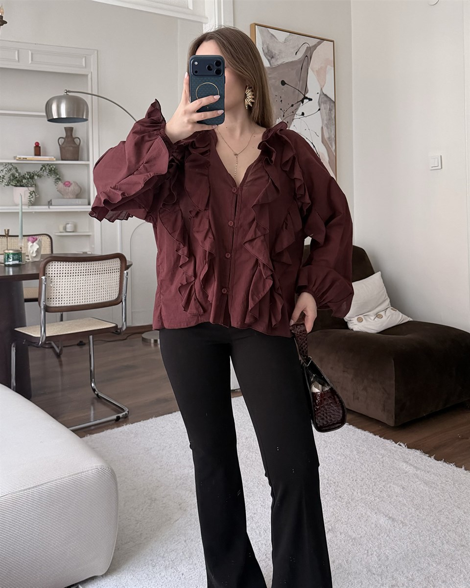 Fırfır Detaylı Bordo Gömlek