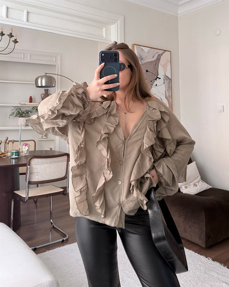 Fırfır Detaylı Haki Gömlek