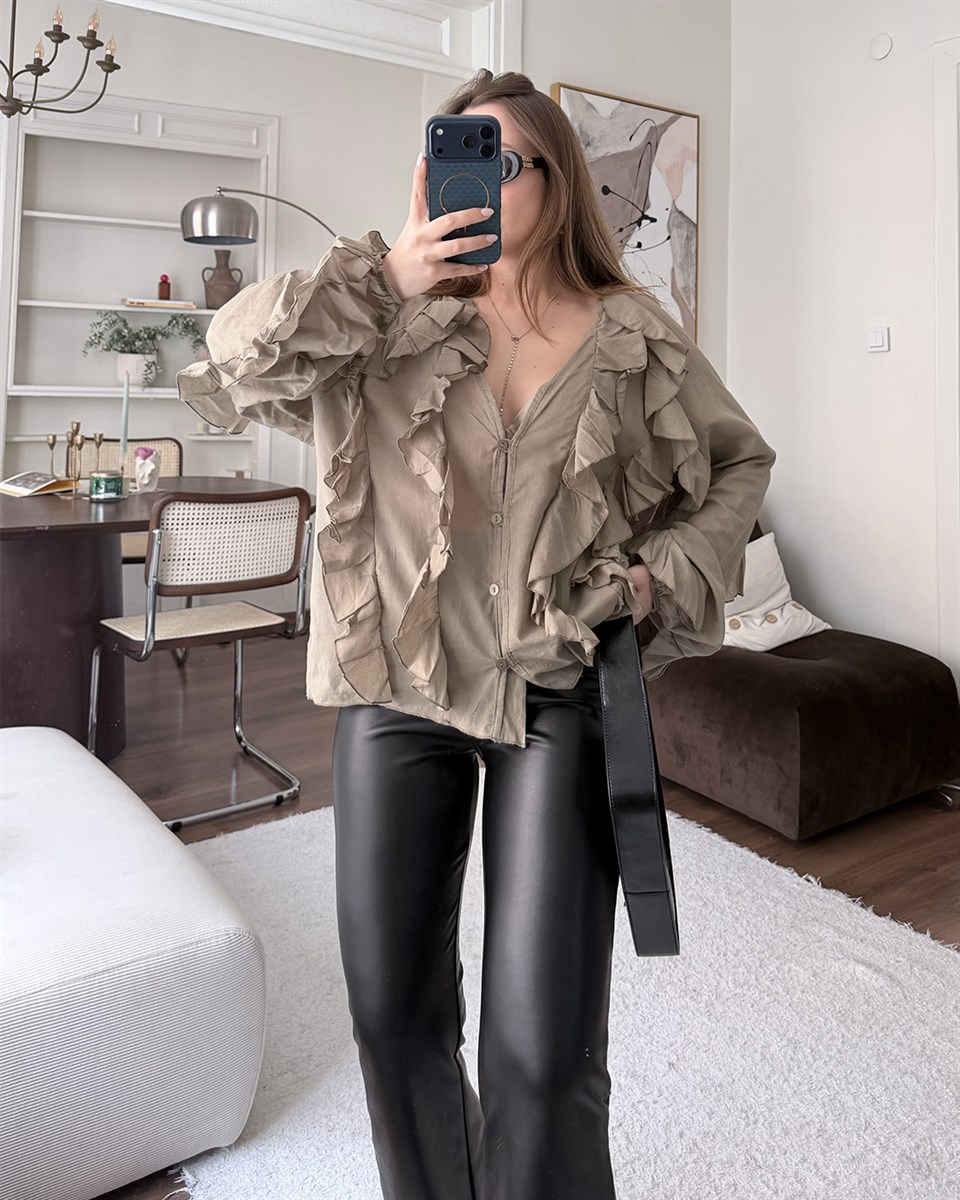 Fırfır Detaylı Haki Gömlek