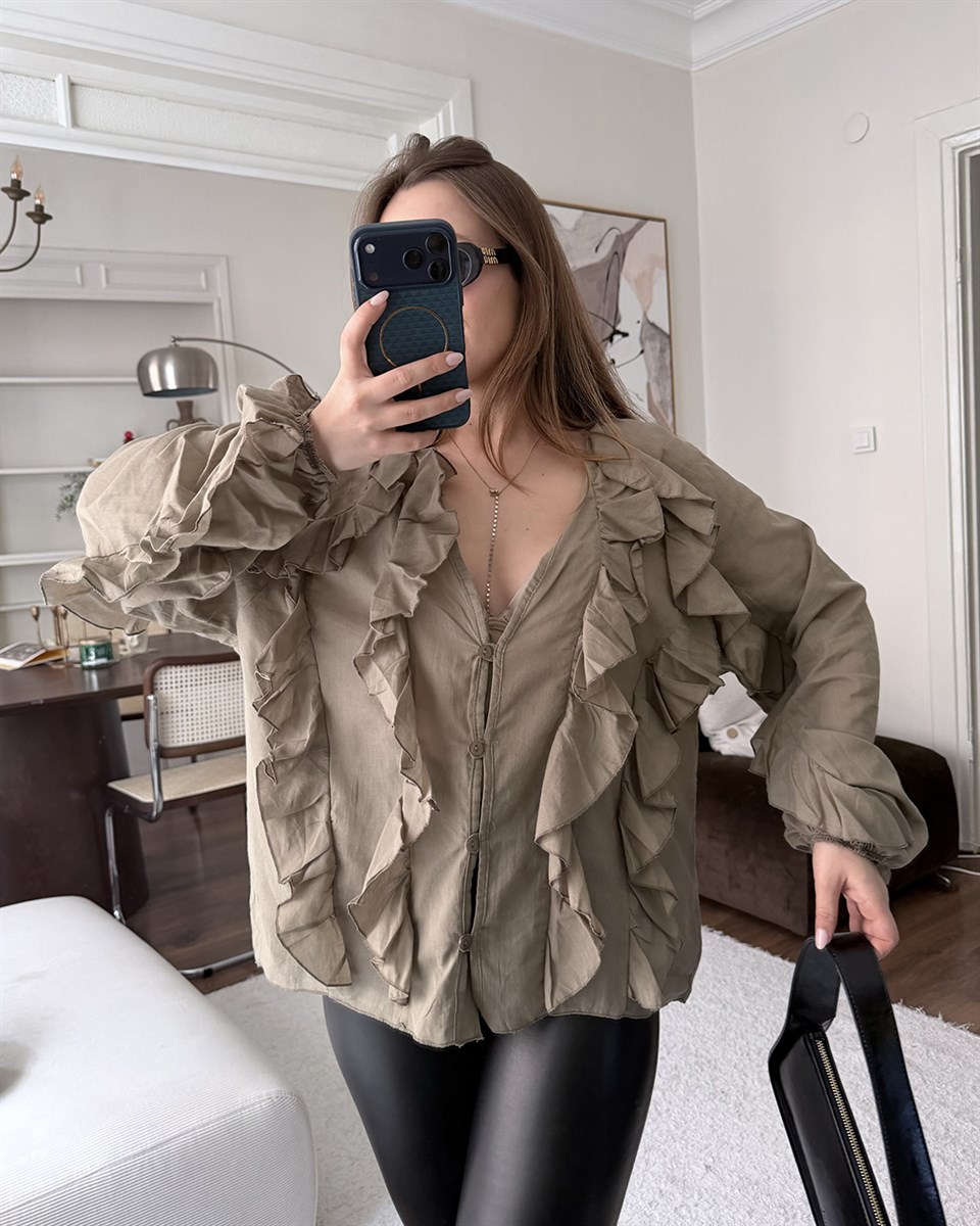 Fırfır Detaylı Haki Gömlek