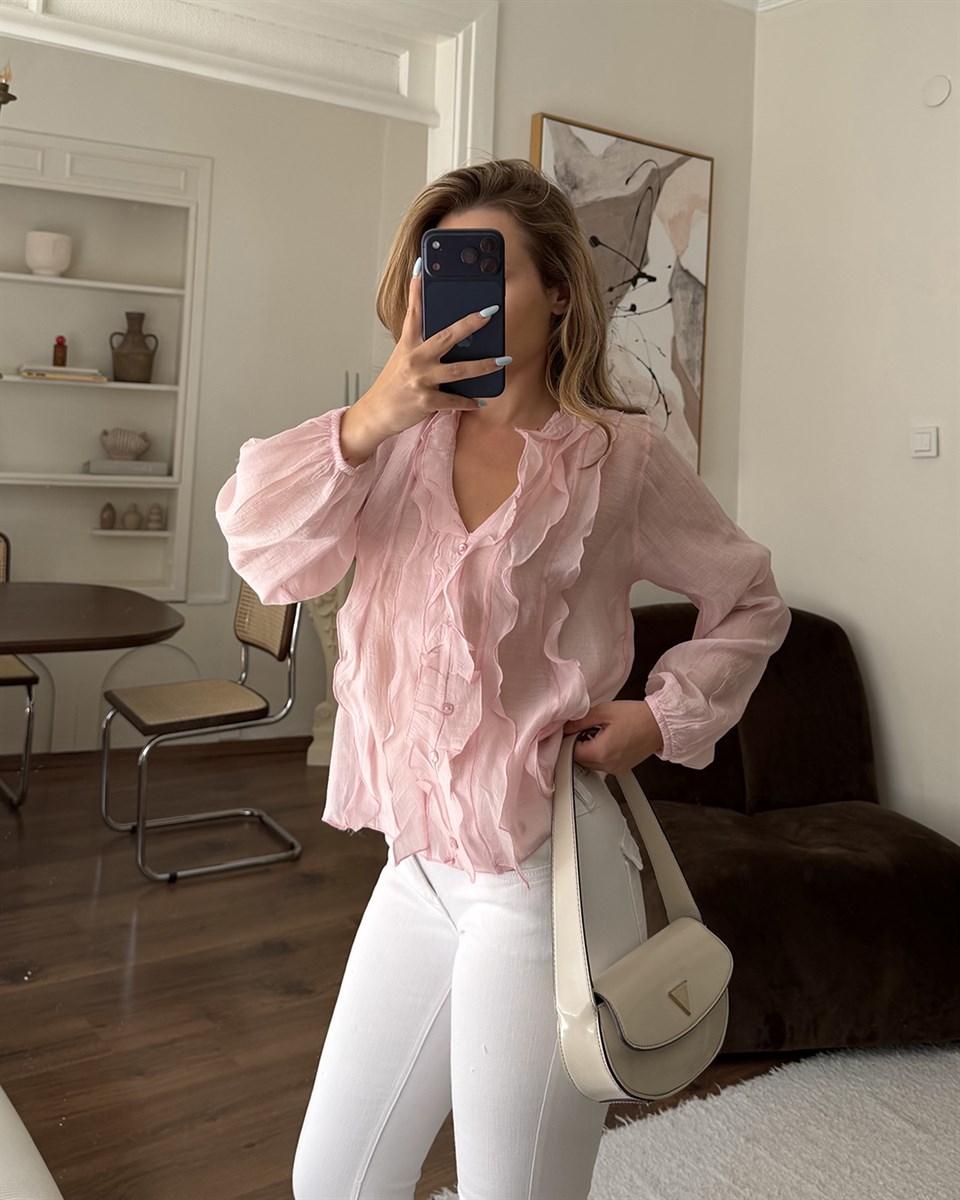 Fırfır Detaylı Pembe Gömlek