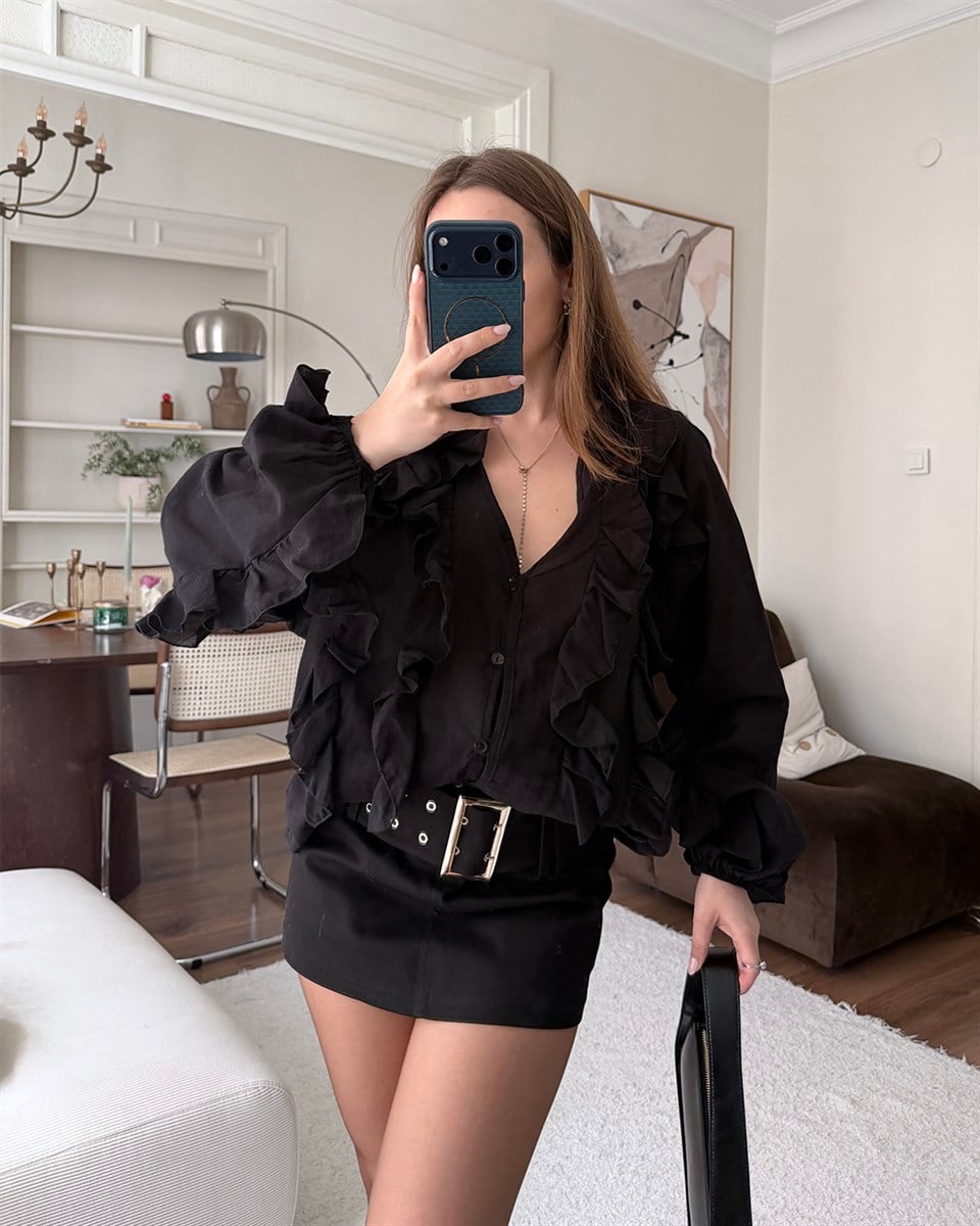 Fırfır Detaylı Siyah Gömlek