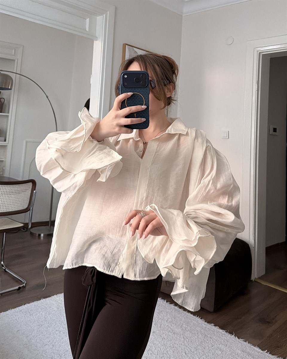 Fırfır Kollu Beyaz Şifon Gömlek