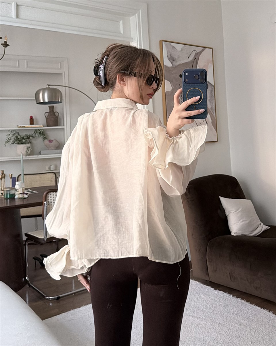 Fırfır Kollu Beyaz Şifon Gömlek