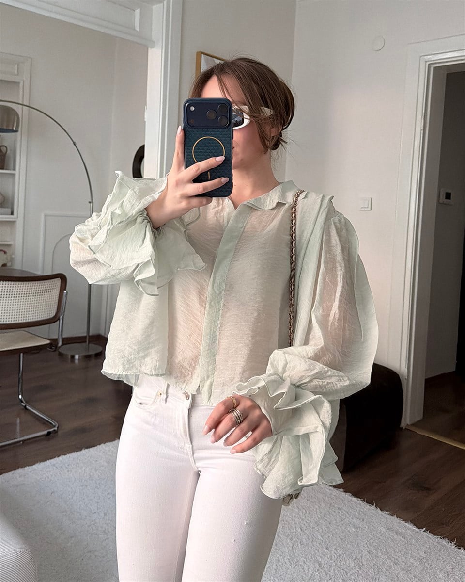 Fırfır Kollu Çağla Şifon Gömlek