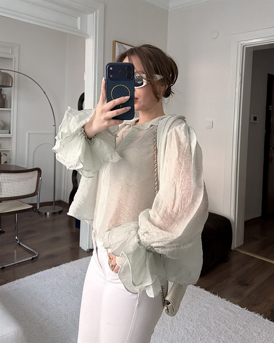 Fırfır Kollu Çağla Şifon Gömlek