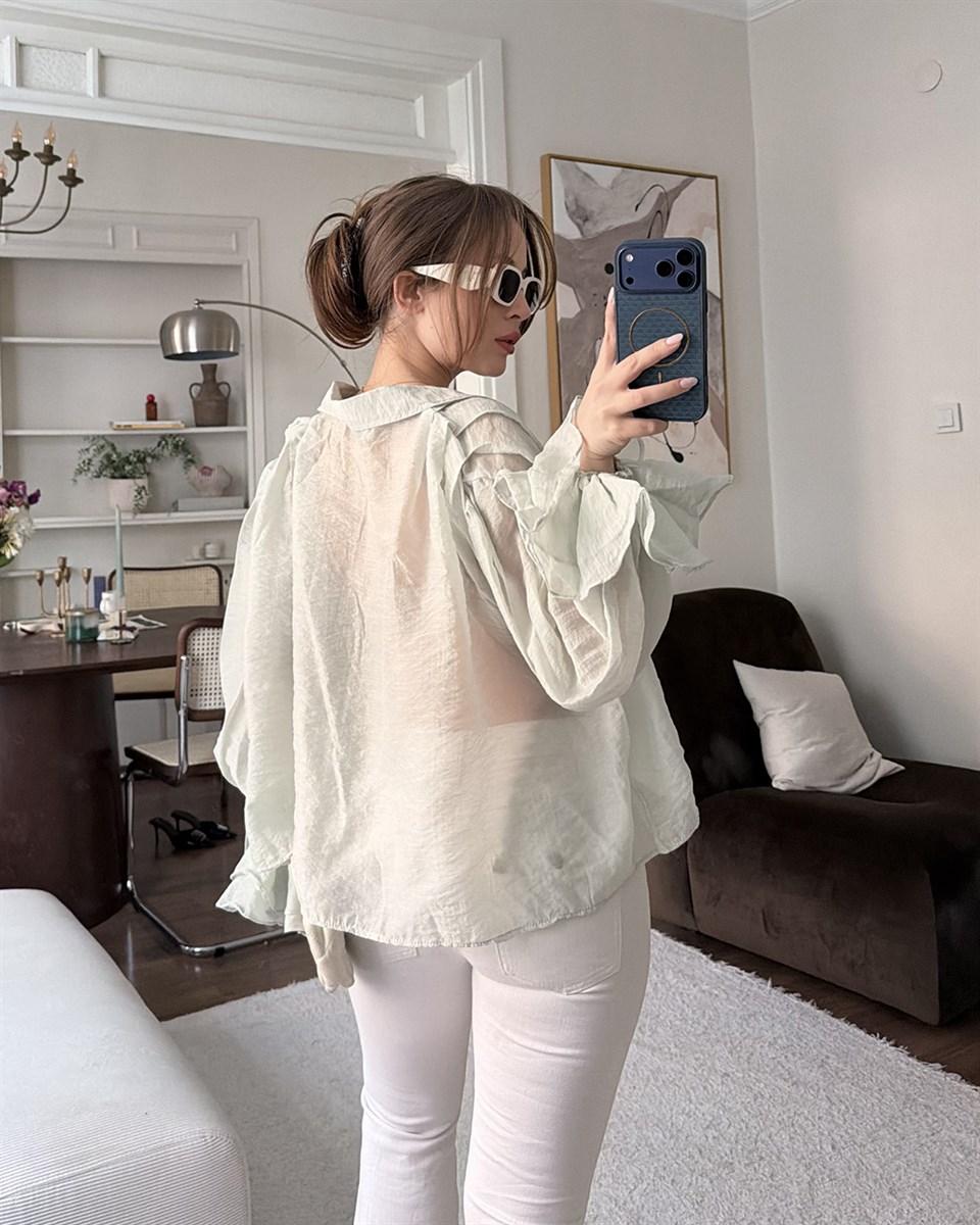 Fırfır Kollu Çağla Şifon Gömlek