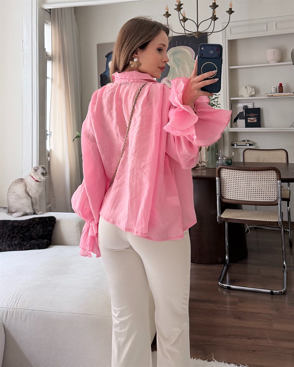 Fırfır Kollu Pembe Şifon Gömlek