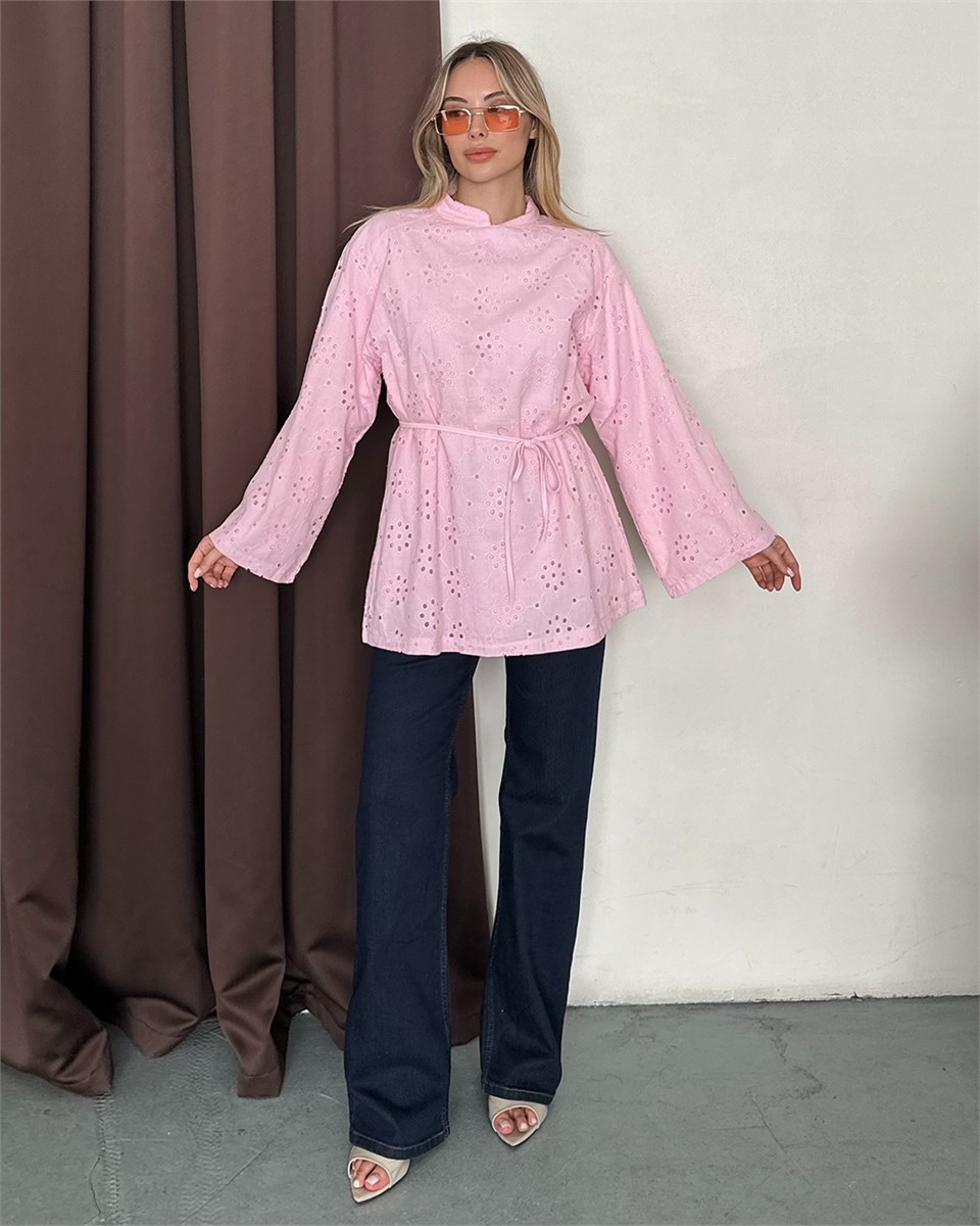 Fisto Nakışlı Kuşaklı Pembe Tunik