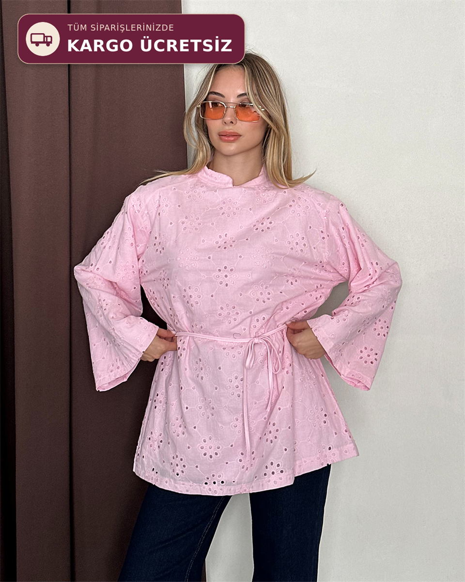 Fisto Nakışlı Kuşaklı Pembe Tunik