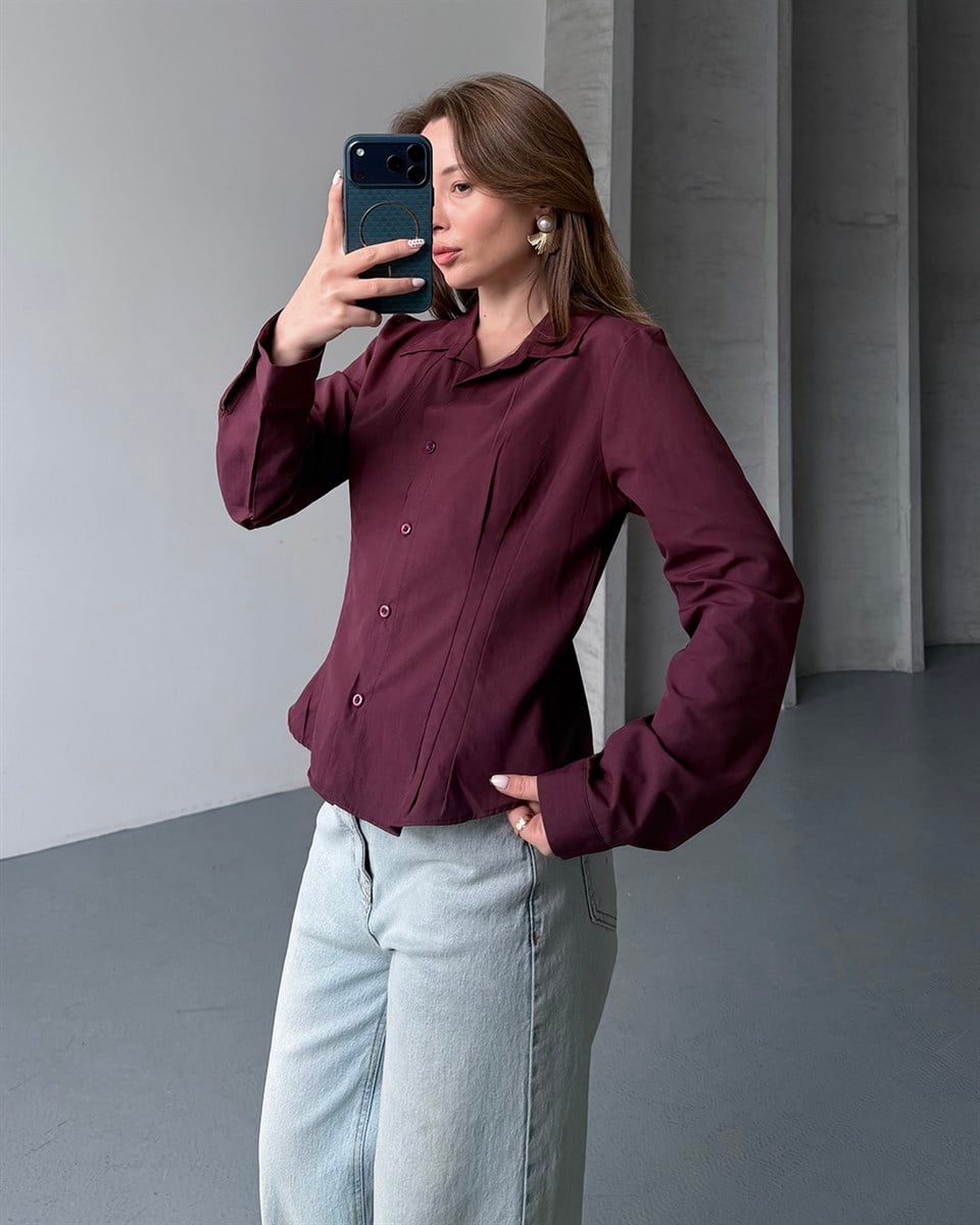 Fit Kesim Düğmeli Mürdüm Gömlek