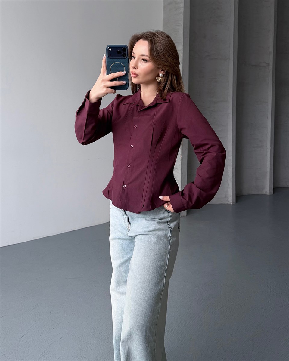 Fit Kesim Düğmeli Mürdüm Gömlek