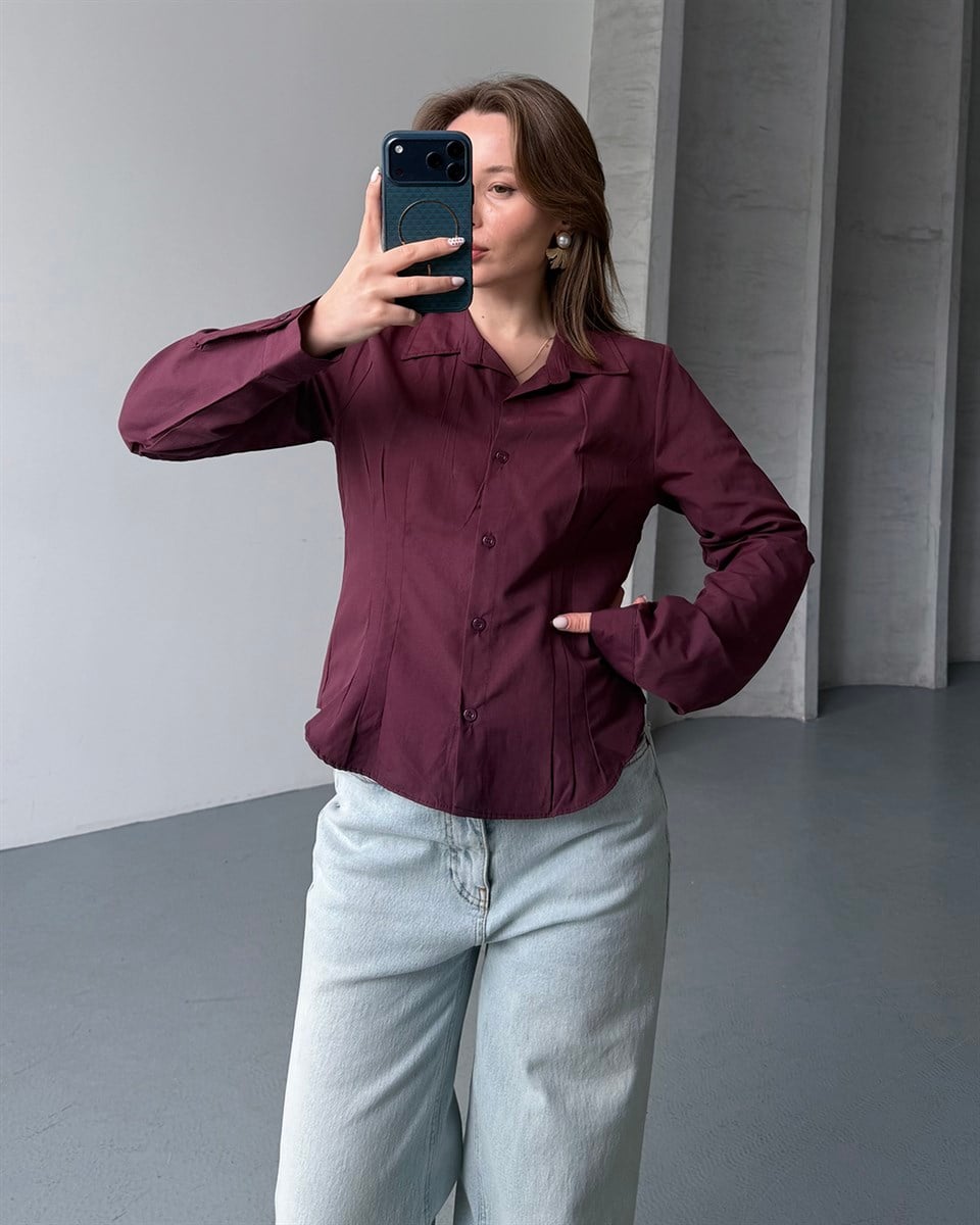 Fit Kesim Düğmeli Mürdüm Gömlek