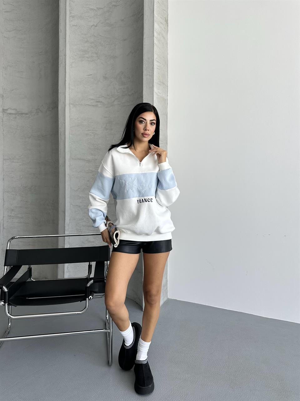 France Nakışlı Bebe Mavisi Beyaz Sweatshirt
