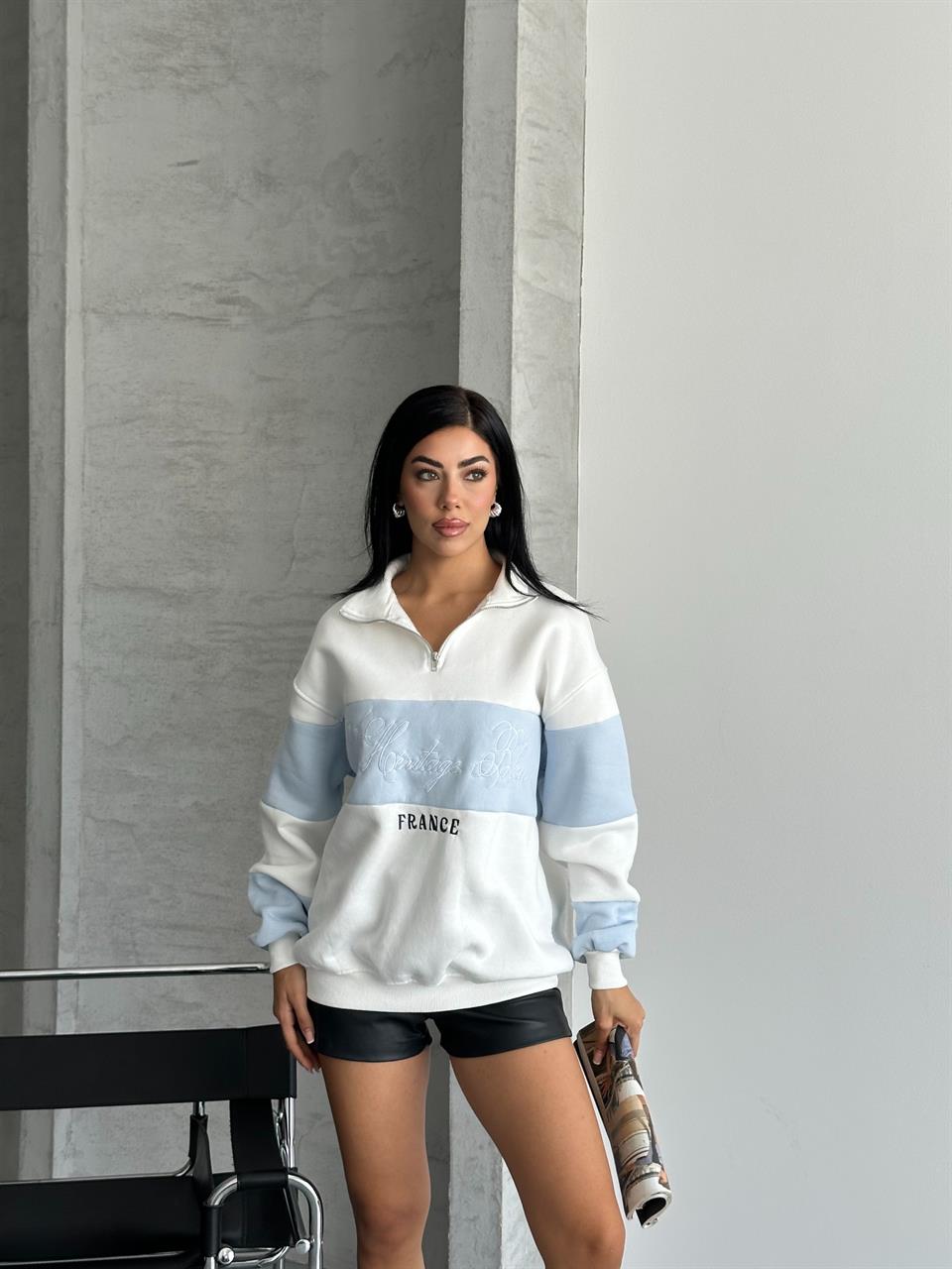 France Nakışlı Bebe Mavisi Beyaz Sweatshirt