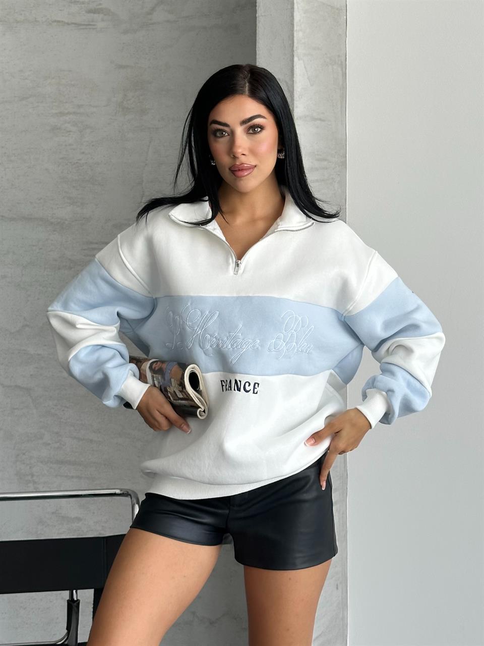 France Nakışlı Bebe Mavisi Beyaz Sweatshirt