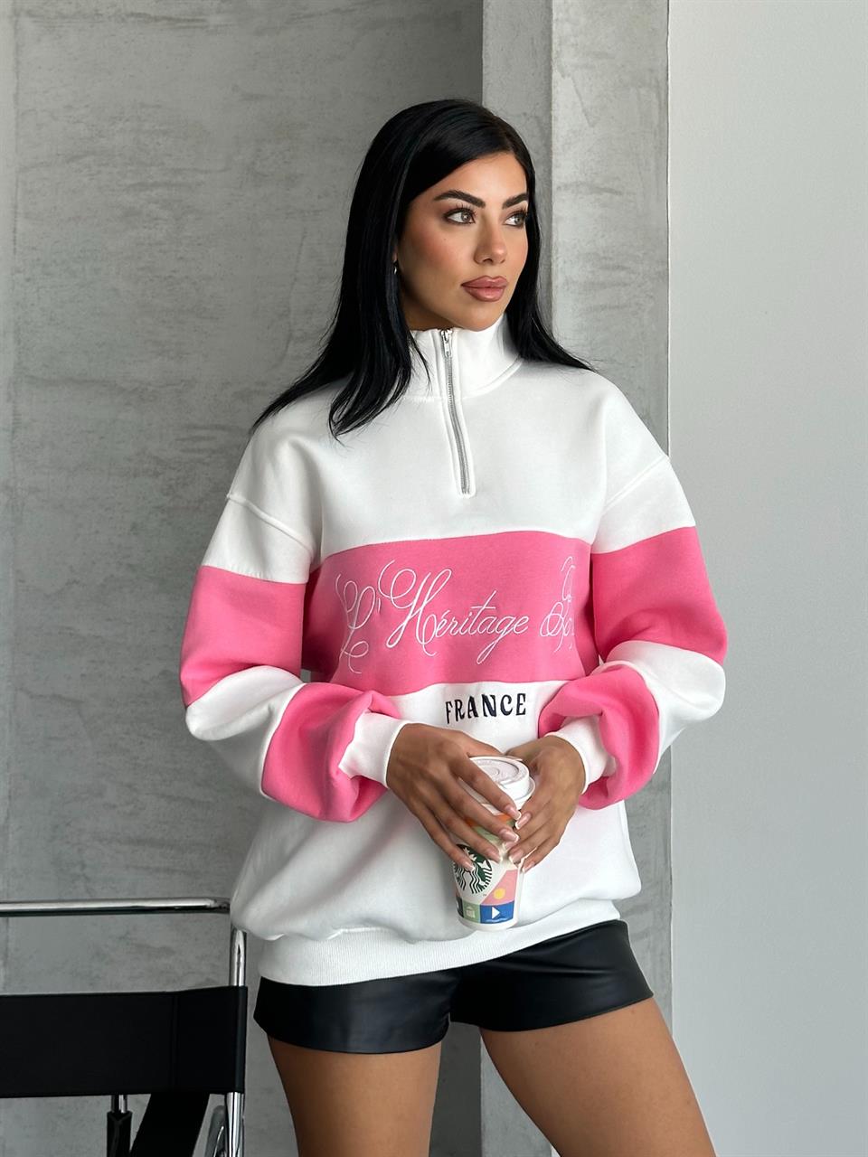 France Nakışlı Fuşya Beyaz Sweatshirt
