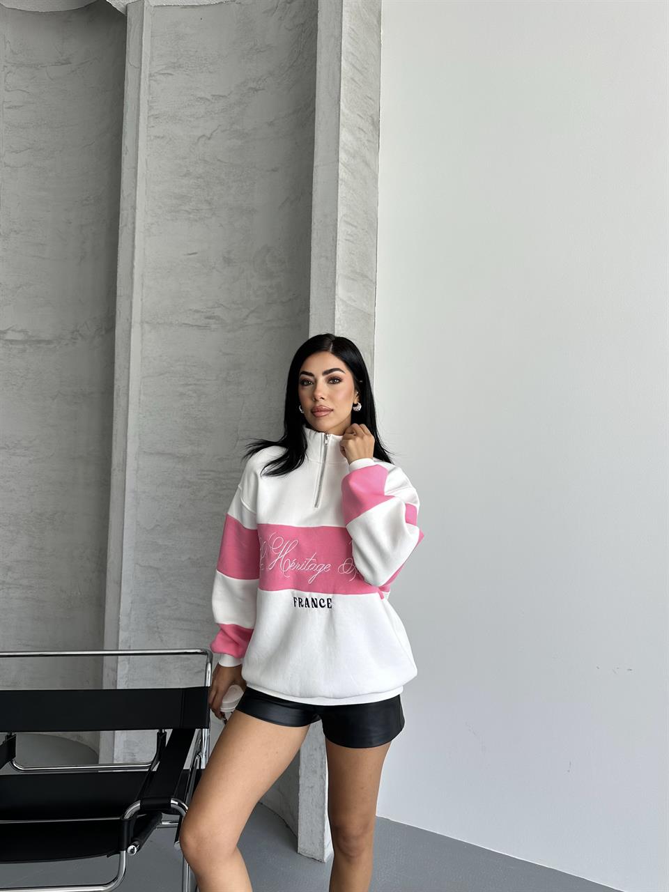 France Nakışlı Fuşya Beyaz Sweatshirt
