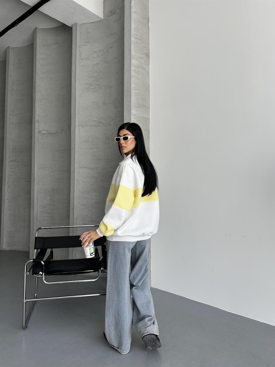 France Nakışlı Sarı Beyaz Sweatshirt