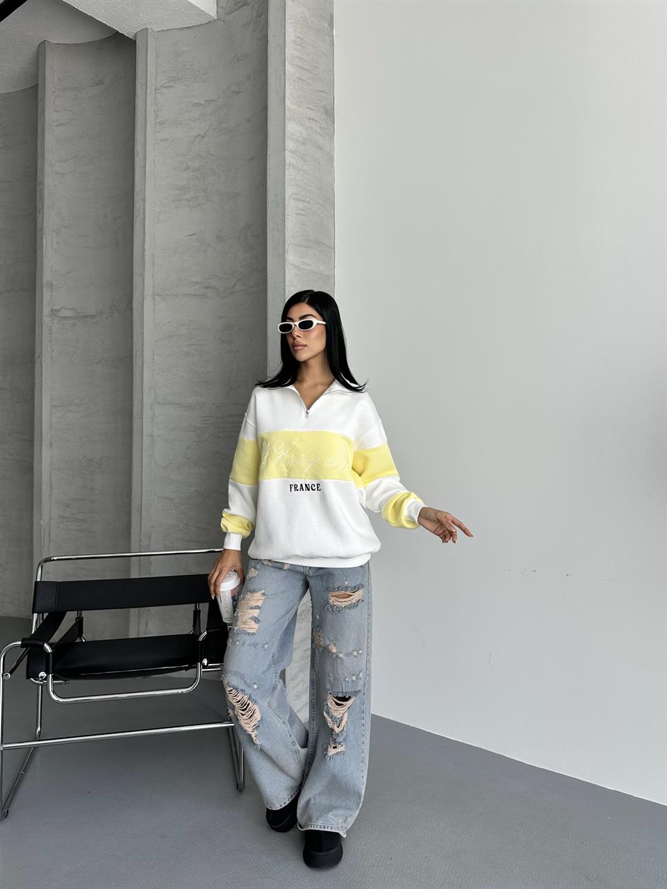 France Nakışlı Sarı Beyaz Sweatshirt