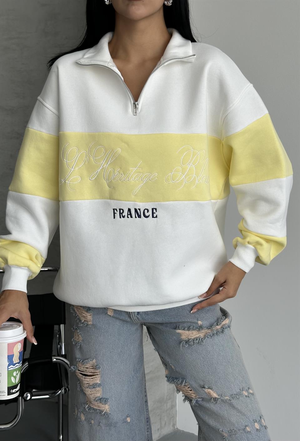 France Nakışlı Sarı Beyaz Sweatshirt
