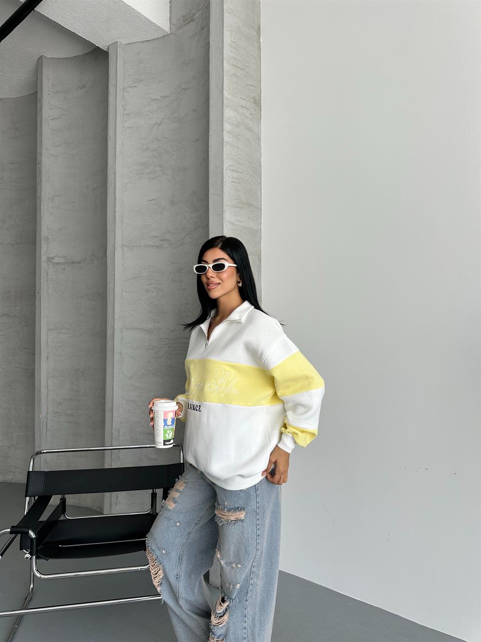 France Nakışlı Sarı Beyaz Sweatshirt