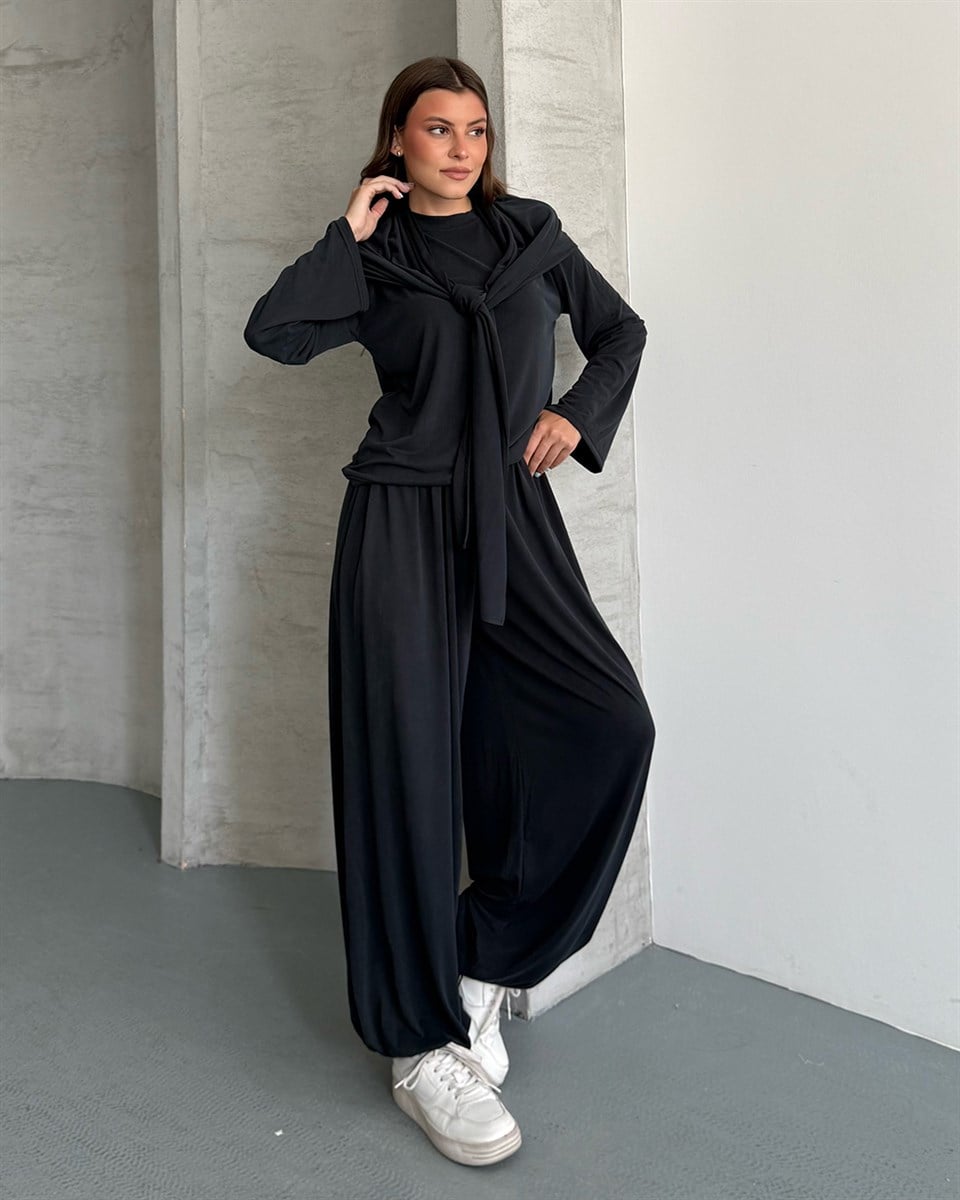 Fular Detaylı Bluz Pantolon Takım