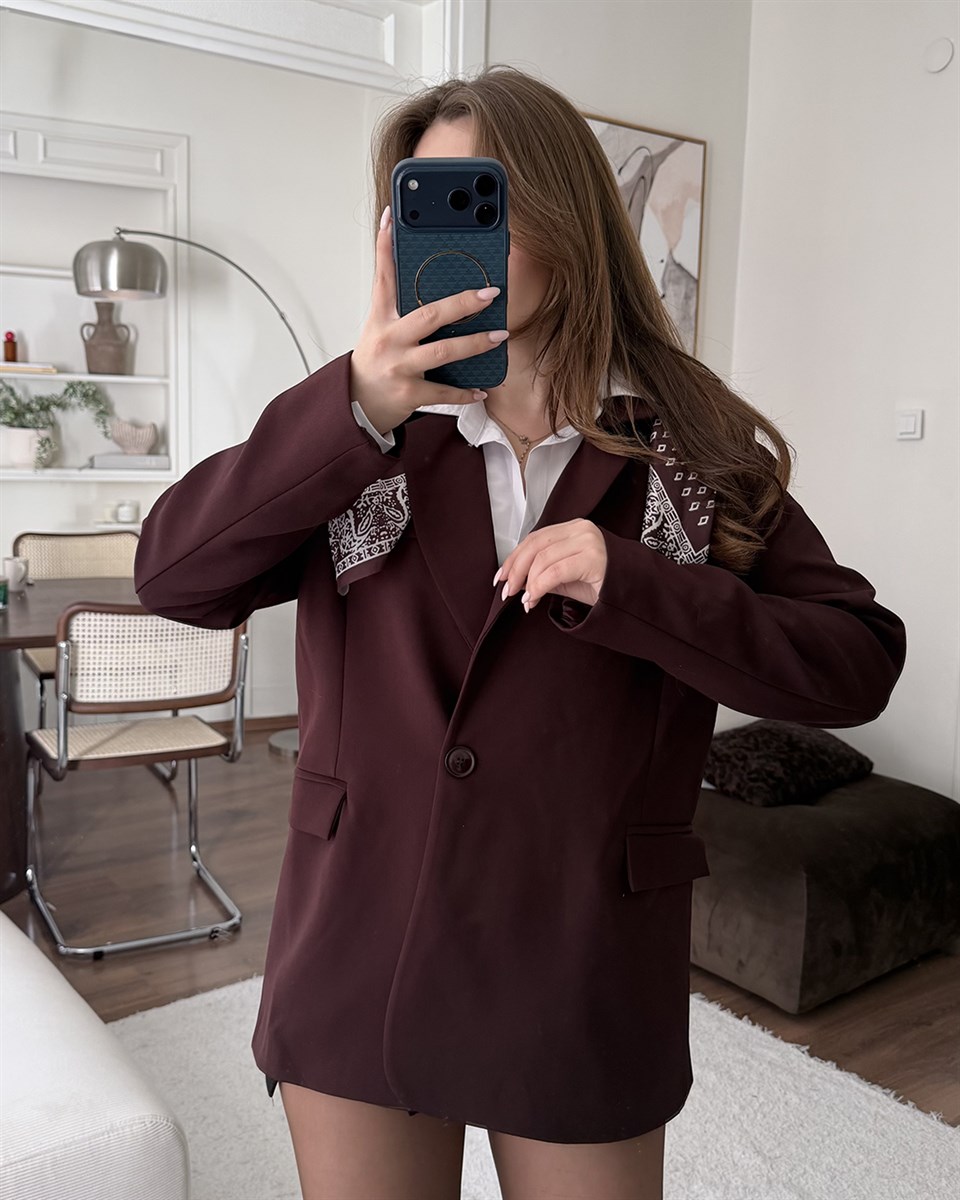 Fularlı Bordo Blazer Ceket