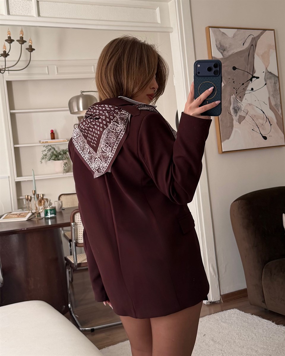 Fularlı Bordo Blazer Ceket