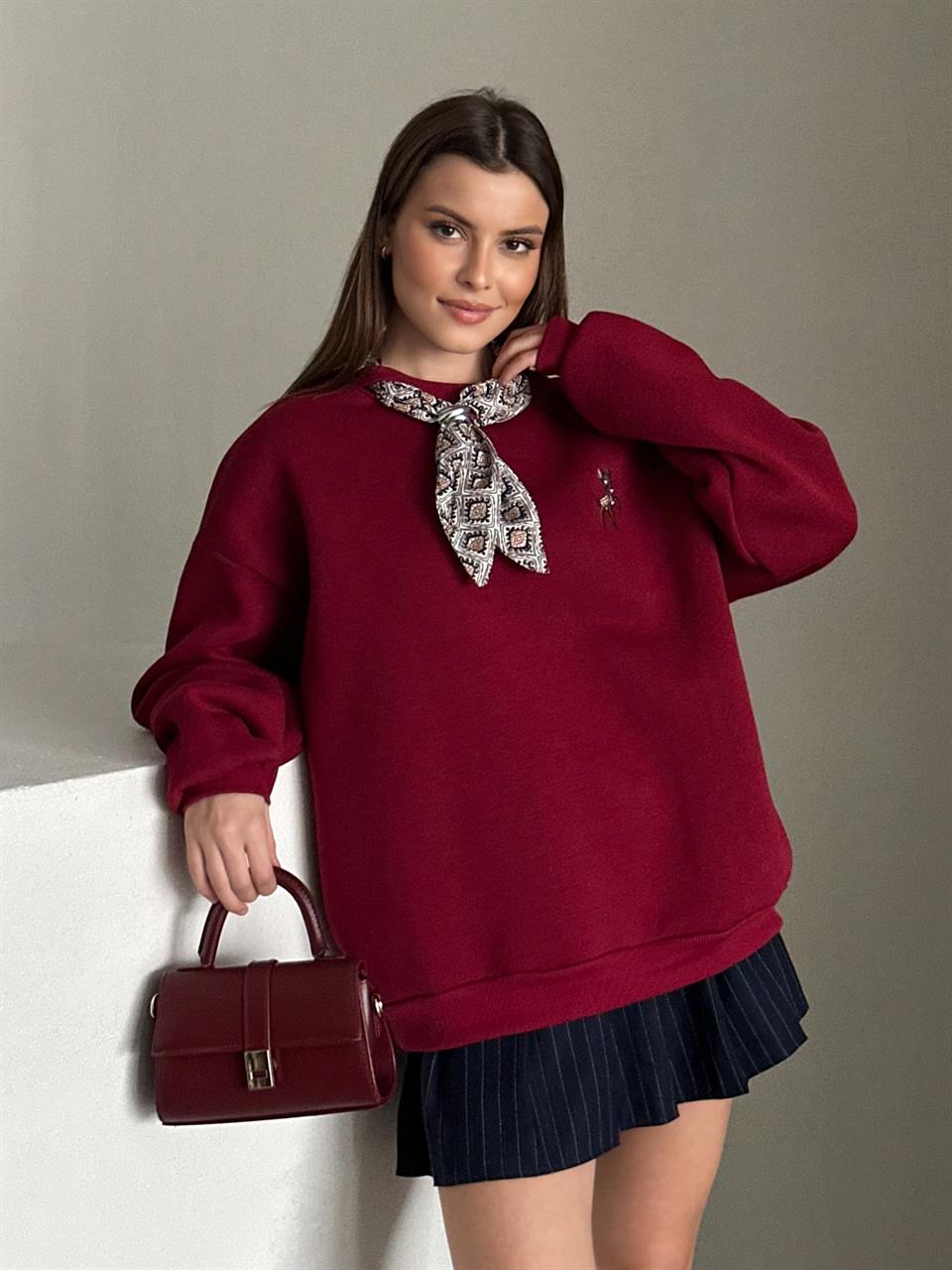 Fularlı Bordo Sweatshirt