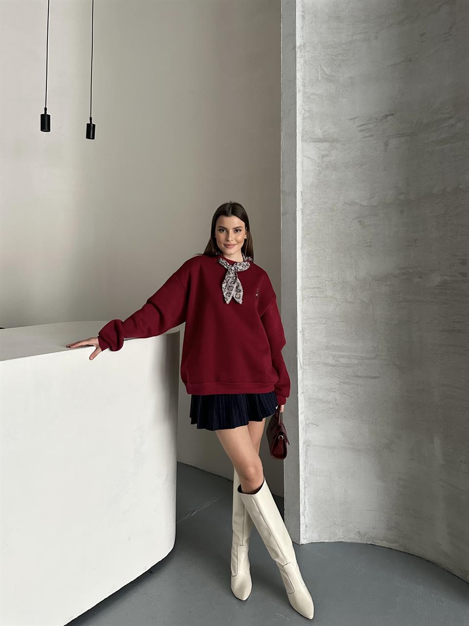 Fularlı Bordo Sweatshirt