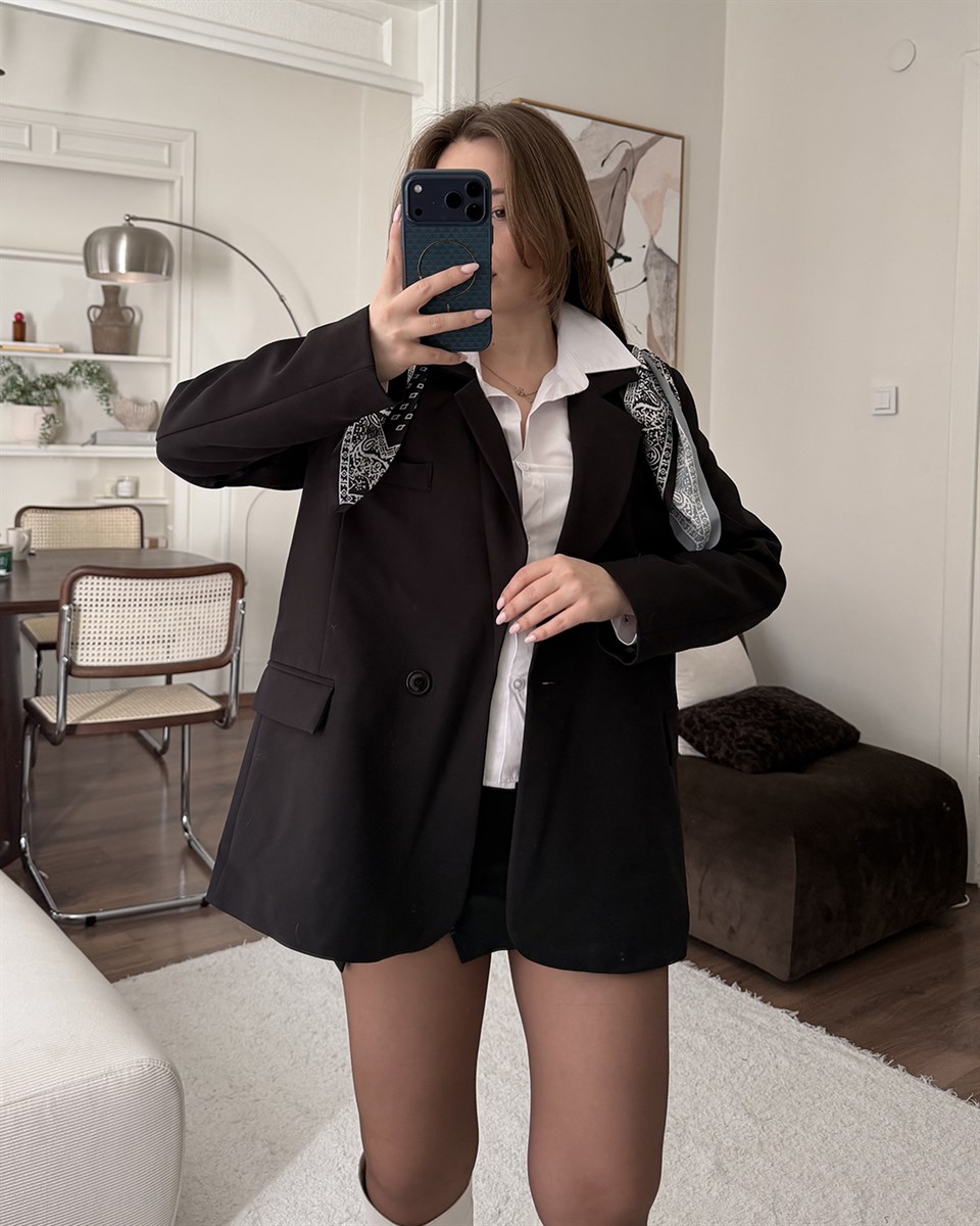 Fularlı Kahverengi Blazer Ceket