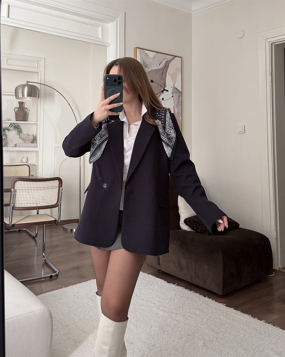 Fularlı Lacivert Blazer Ceket